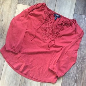 Charming Chaps peasant top with crochet neckline!